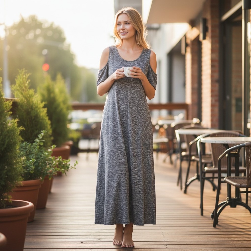 Soft Surroundings Electra Cold Shoulder Maxi Dress Gray Knit L EUC Pockets